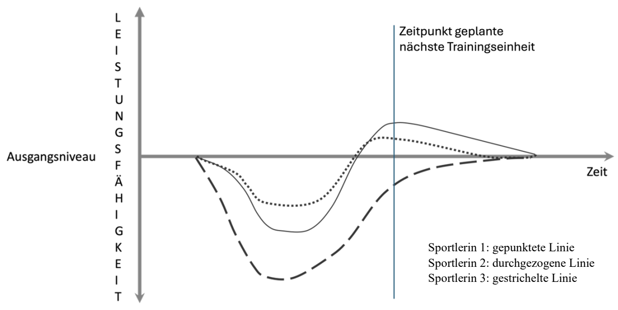 Diagramm: Leistungsfähigkeit über Zeit, drei Kurven (gepunktet, durchgezogen, gestrichelt) und markierter nächster Trainingszeitpunkt.